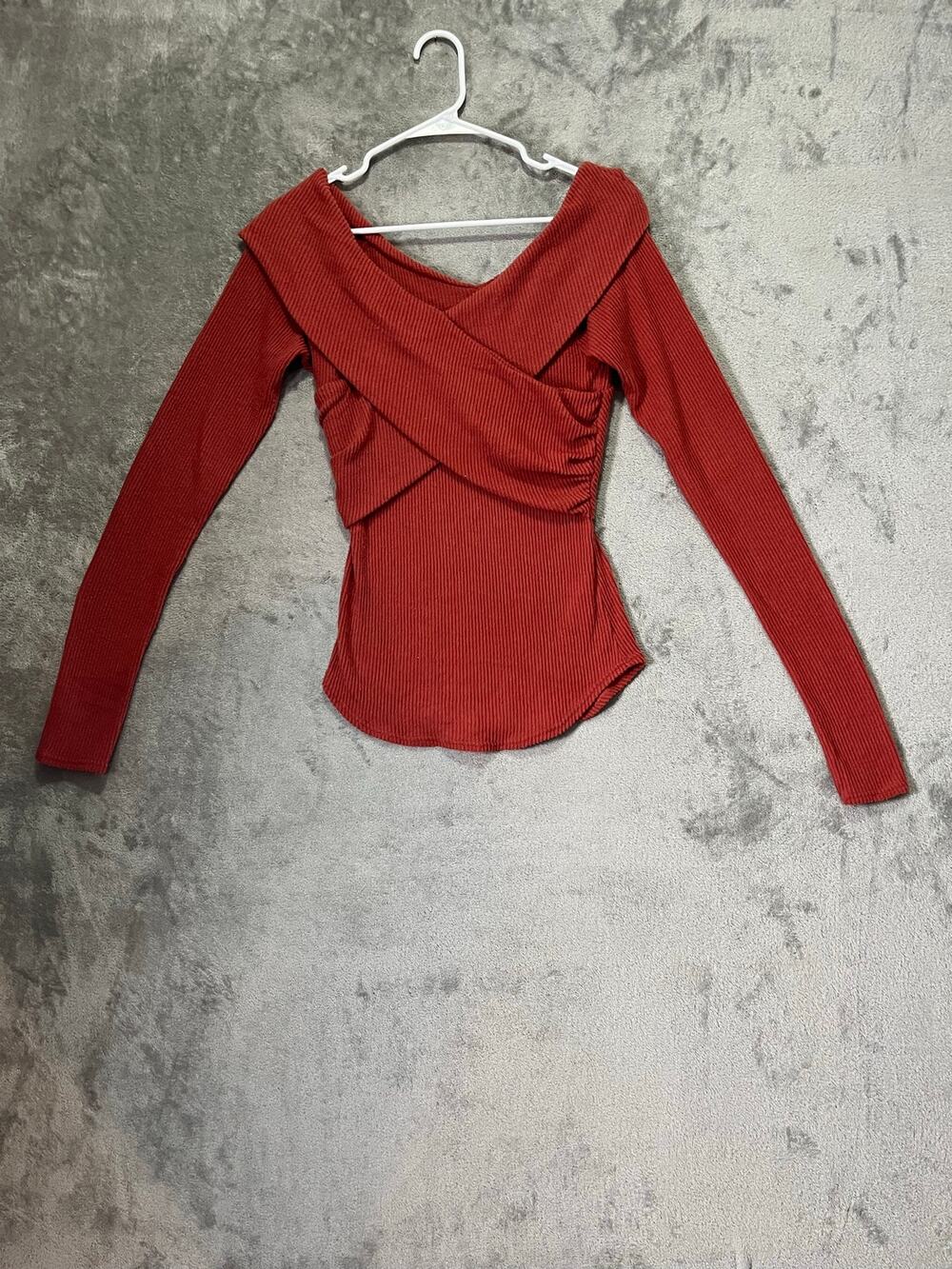 Free People Marley Off The Shoulder Ribbed Long Sleeve Top Rust Orange M New